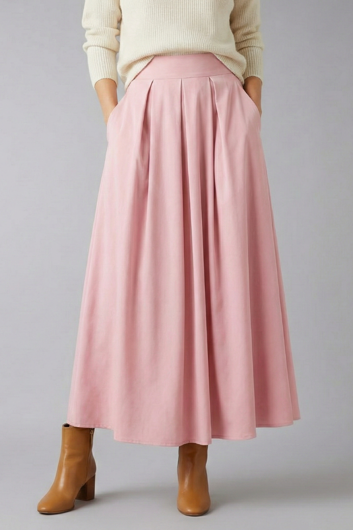 Women's High Waisted Pleated Maxi Skirt with Side Pockets & Side Zip – Floor-Length Skirt