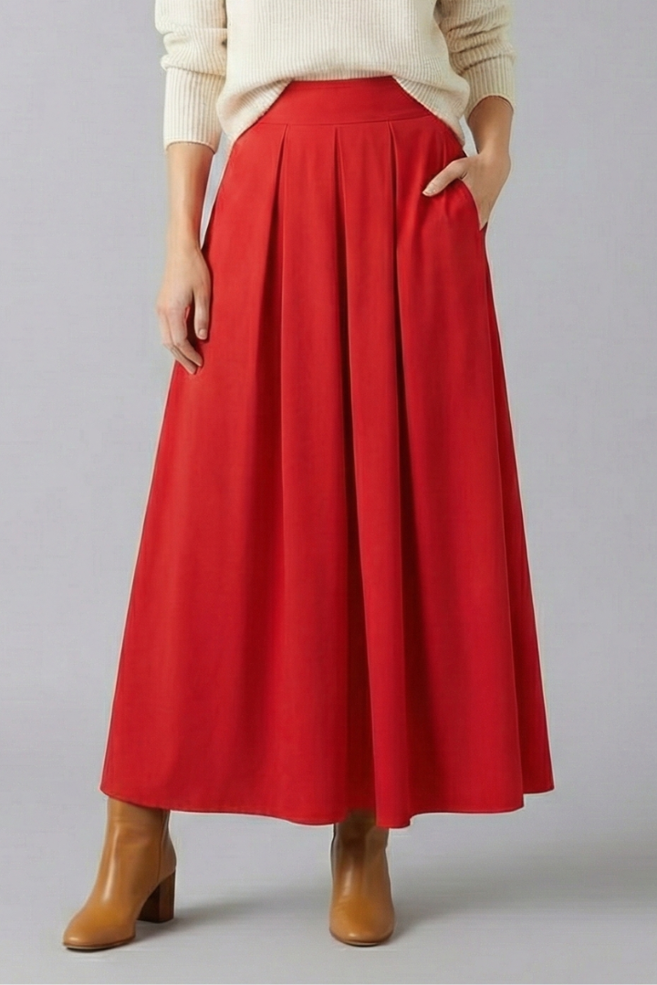 Women's High Waisted Pleated Maxi Skirt with Side Pockets & Side Zip – Floor-Length Skirt