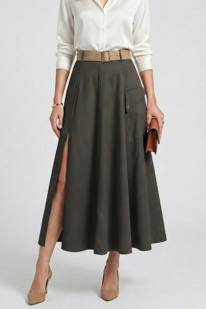 Women's A-Line Maxi Skirt with High Front Slit & Side Pockets – High Waisted Everyday Skirt