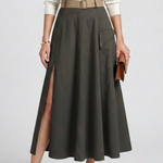 Women's A-Line Maxi Skirt with High Front Slit & Side Pockets – High Waisted Everyday Skirt