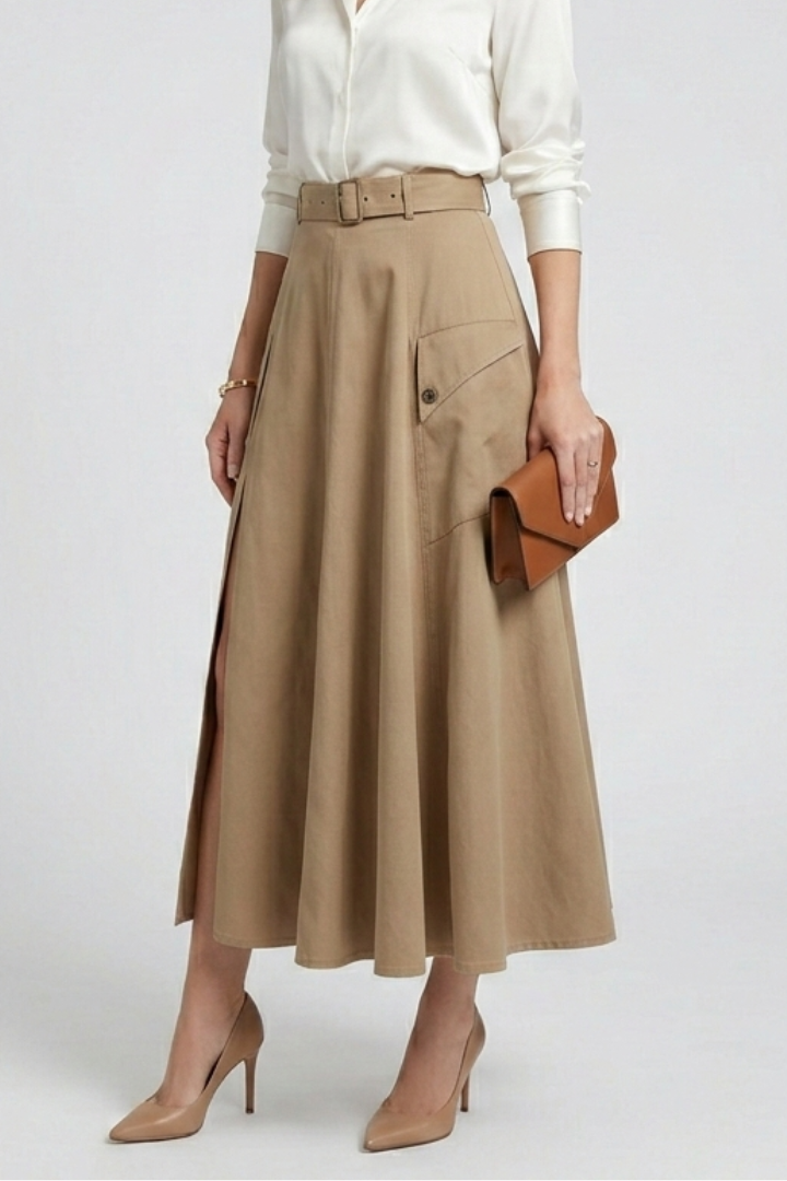 Women's A-Line Maxi Skirt with High Front Slit & Side Pockets – High Waisted Everyday Skirt
