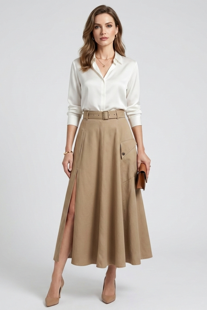 Women's A-Line Maxi Skirt with High Front Slit & Side Pockets – High Waisted Everyday Skirt
