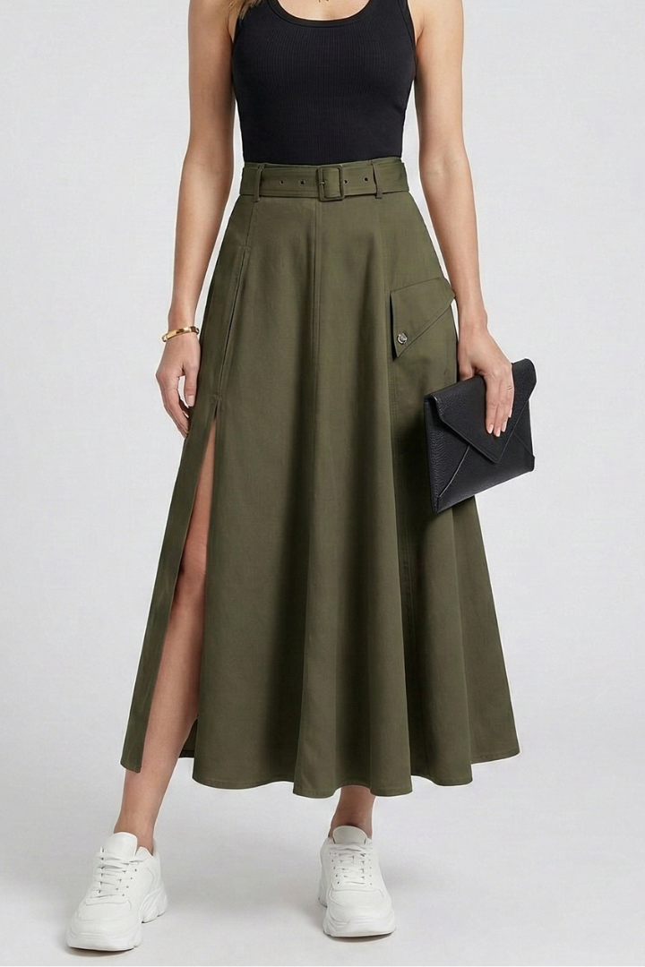 Women's A-Line Maxi Skirt with High Front Slit & Side Pockets – High Waisted Everyday Skirt