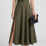 Women's A-Line Maxi Skirt with High Front Slit & Side Pockets – High Waisted Everyday Skirt