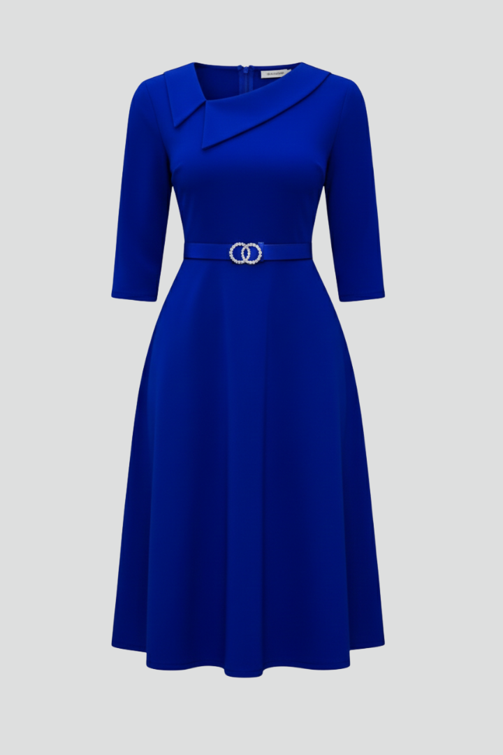 Women's Asymmetric Neckline Belted Midi Dress with 3/4 Sleeves – Flared Work & Occasion Dress