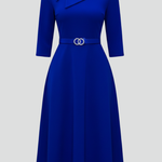 Women's Asymmetric Neckline Belted Midi Dress with 3/4 Sleeves – Flared Work & Occasion Dress