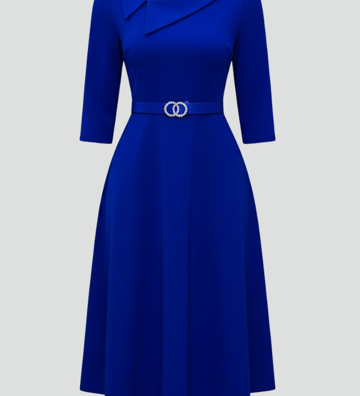 Women's Asymmetric Neckline Belted Midi Dress with 3/4 Sleeves – Flared Work & Occasion Dress