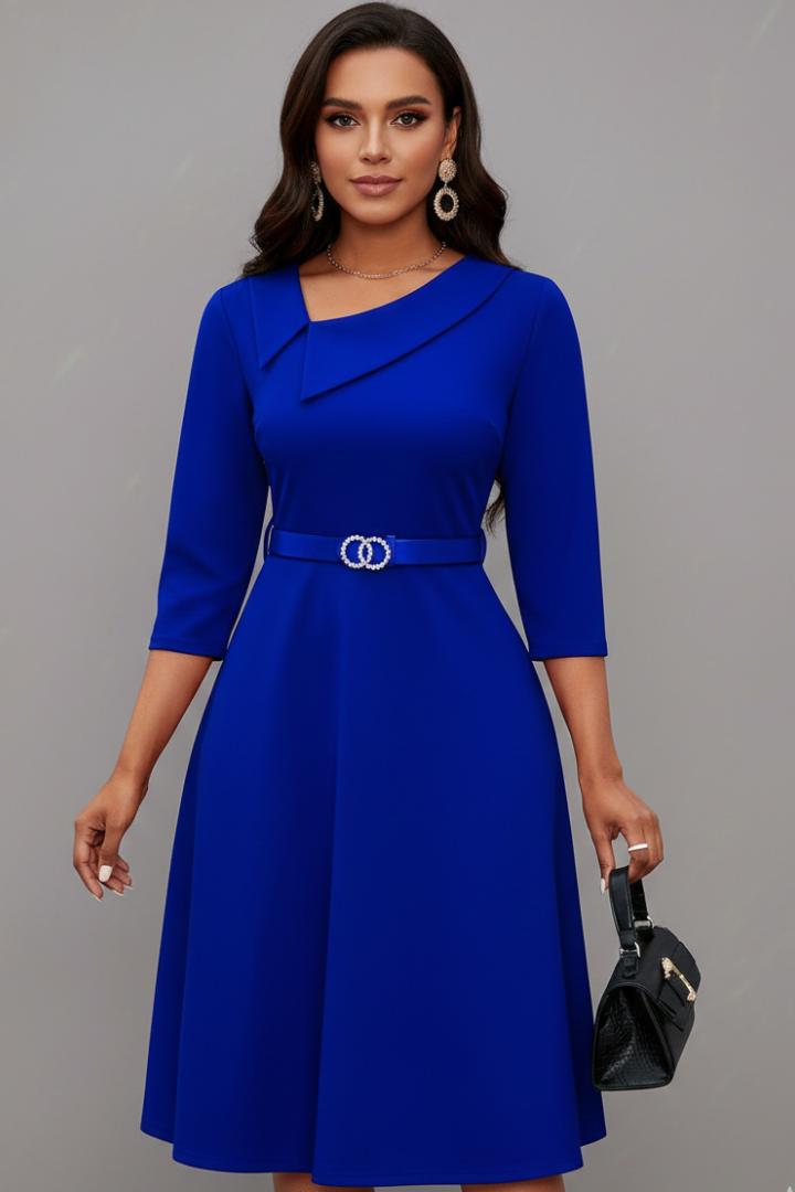 Women's Asymmetric Neckline Belted Midi Dress with 3/4 Sleeves – Flared Work & Occasion Dress