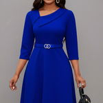 Women's Asymmetric Neckline Belted Midi Dress with 3/4 Sleeves – Flared Work & Occasion Dress