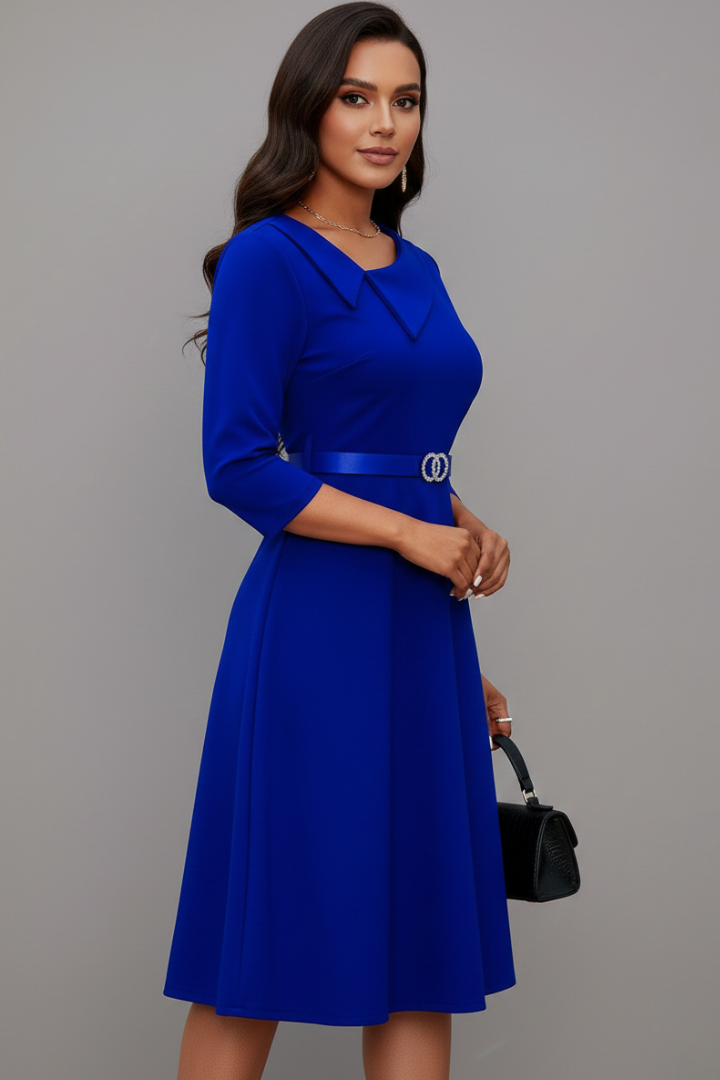 Women's Asymmetric Neckline Belted Midi Dress with 3/4 Sleeves – Flared Work & Occasion Dress