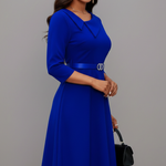 Women's Asymmetric Neckline Belted Midi Dress with 3/4 Sleeves – Flared Work & Occasion Dress