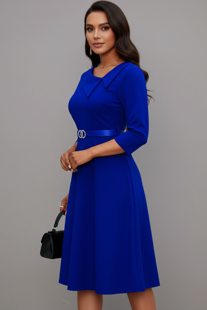 Women's Asymmetric Neckline Belted Midi Dress with 3/4 Sleeves – Flared Work & Occasion Dress