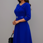 Women's Asymmetric Neckline Belted Midi Dress with 3/4 Sleeves – Flared Work & Occasion Dress