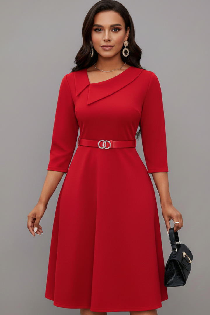 Women's Asymmetric Neckline Belted Midi Dress with 3/4 Sleeves – Flared Work & Occasion Dress