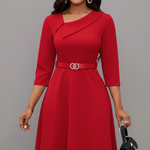 Women's Asymmetric Neckline Belted Midi Dress with 3/4 Sleeves – Flared Work & Occasion Dress