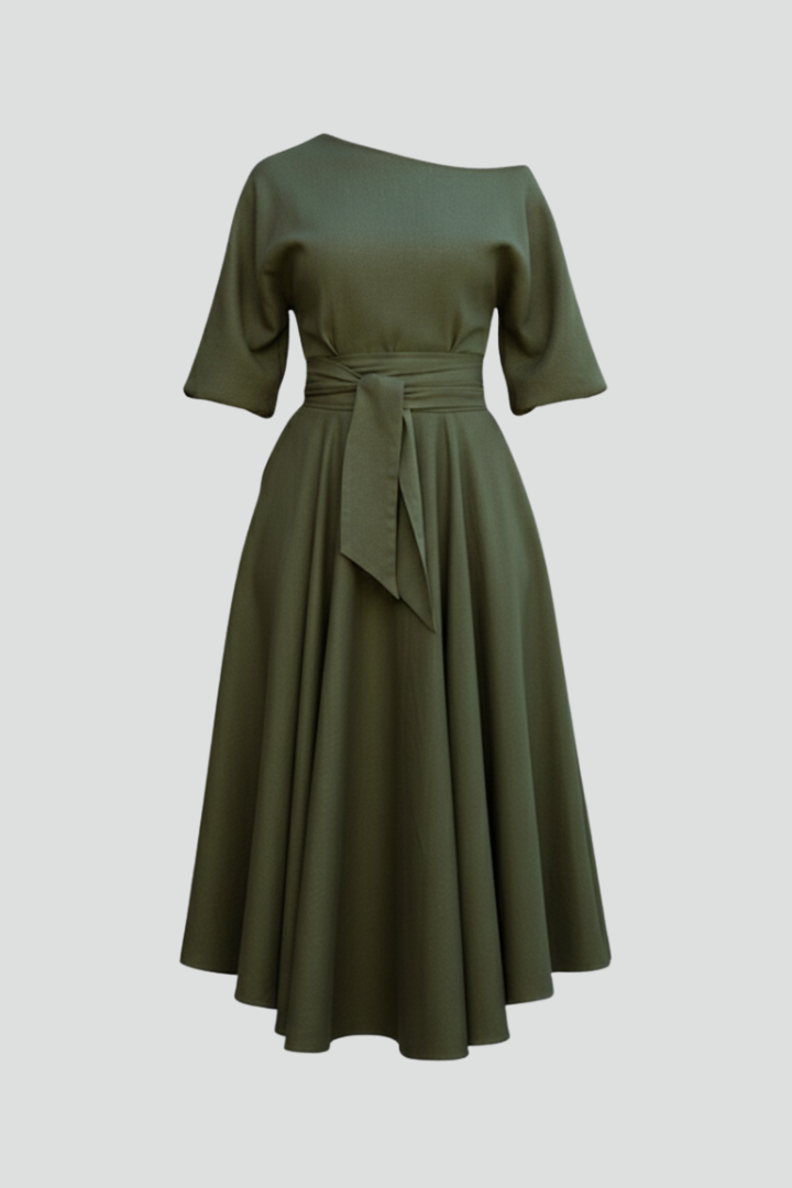 Women's Off Shoulder Midi Dress with Lantern Sleeves – Elegant Long Sleeve Occasion Dress