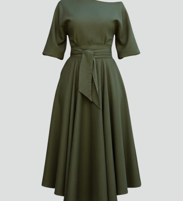 Women's Off Shoulder Midi Dress with Lantern Sleeves – Elegant Long Sleeve Occasion Dress