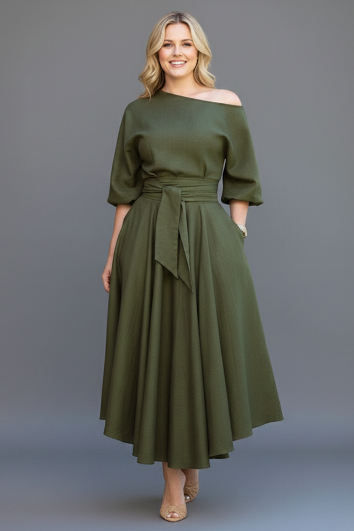 Women's Off Shoulder Midi Dress with Lantern Sleeves – Elegant Long Sleeve Occasion Dress