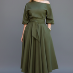 Women's Off Shoulder Midi Dress with Lantern Sleeves – Elegant Long Sleeve Occasion Dress