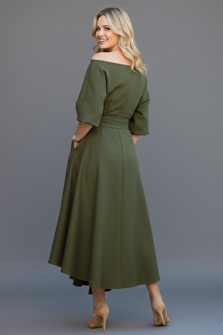Women's Off Shoulder Midi Dress with Lantern Sleeves – Elegant Long Sleeve Occasion Dress