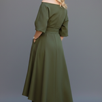 Women's Off Shoulder Midi Dress with Lantern Sleeves – Elegant Long Sleeve Occasion Dress