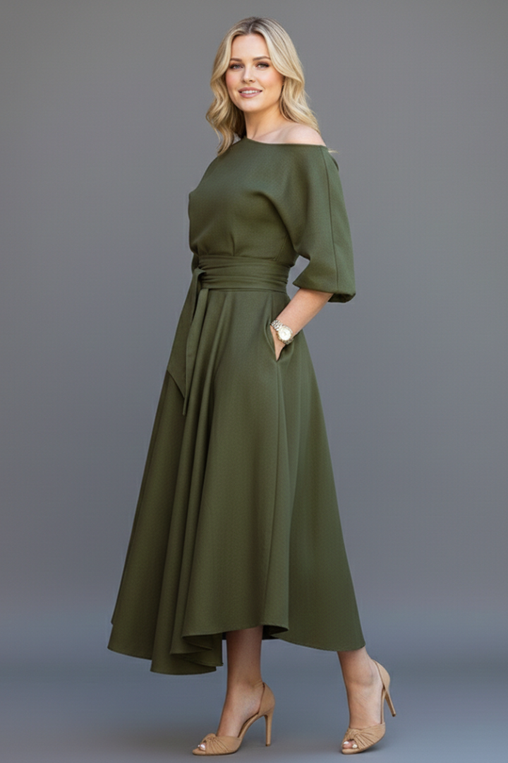 Women's Off Shoulder Midi Dress with Lantern Sleeves – Elegant Long Sleeve Occasion Dress