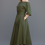 Women's Off Shoulder Midi Dress with Lantern Sleeves – Elegant Long Sleeve Occasion Dress
