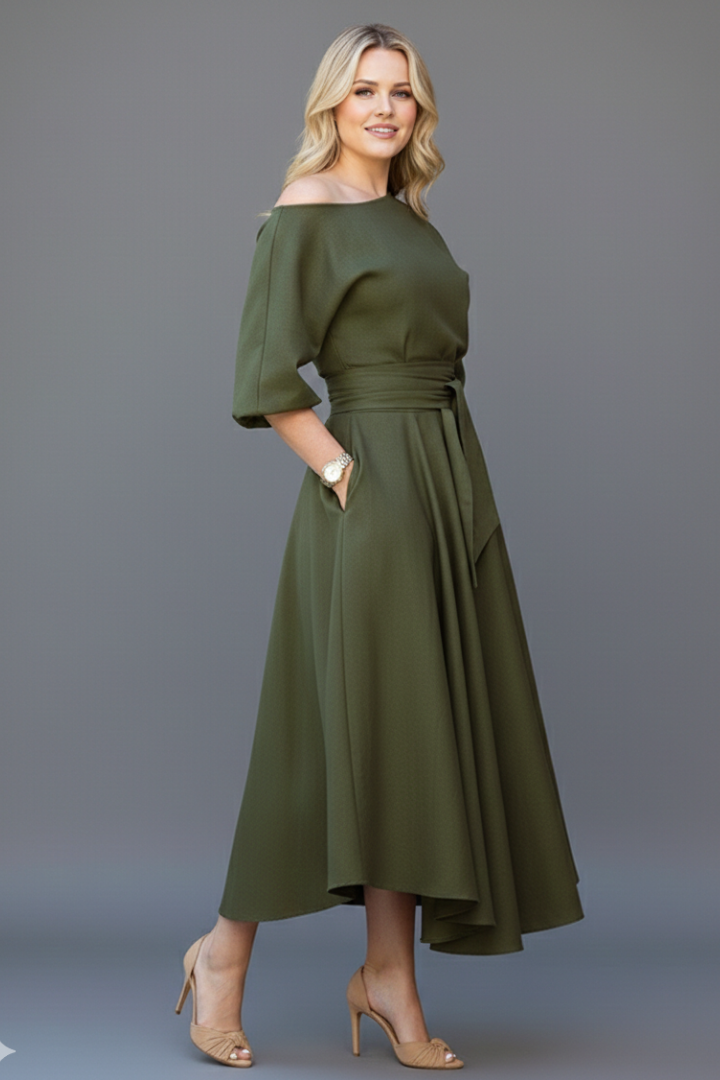 Women's Off Shoulder Midi Dress with Lantern Sleeves – Elegant Long Sleeve Occasion Dress