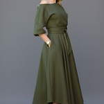 Women's Off Shoulder Midi Dress with Lantern Sleeves – Elegant Long Sleeve Occasion Dress