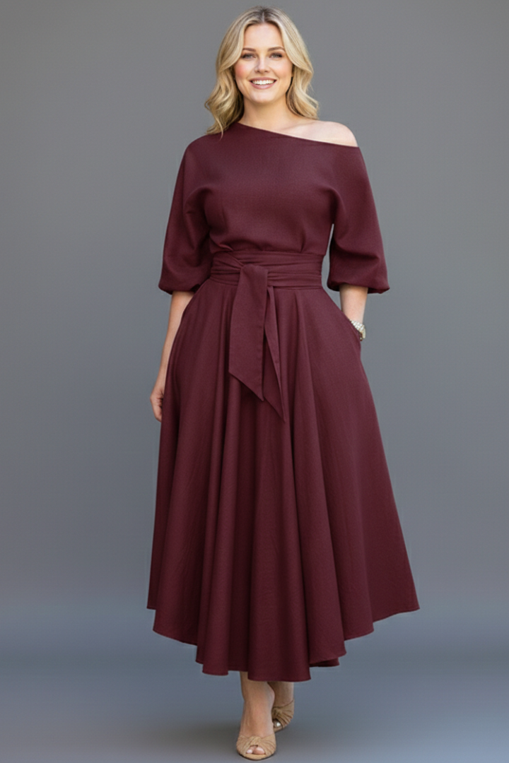 Women's Off Shoulder Midi Dress with Lantern Sleeves – Elegant Long Sleeve Occasion Dress