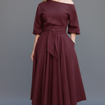 Women's Off Shoulder Midi Dress with Lantern Sleeves – Elegant Long Sleeve Occasion Dress