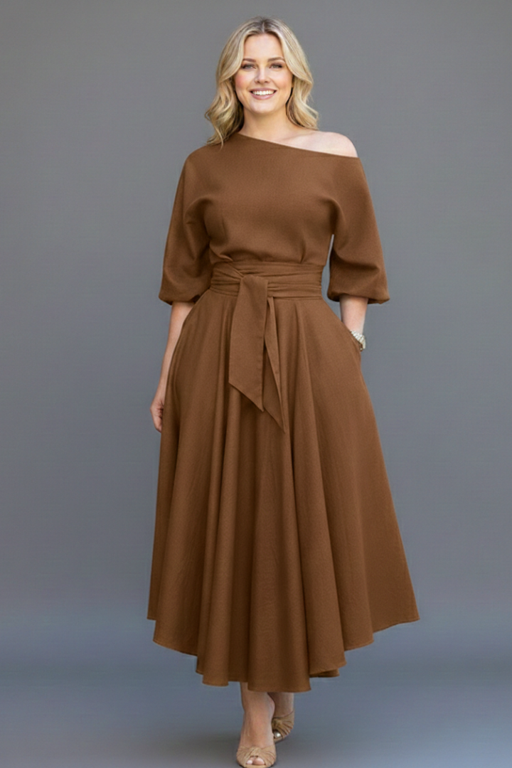 Women's Off Shoulder Midi Dress with Lantern Sleeves – Elegant Long Sleeve Occasion Dress