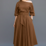 Women's Off Shoulder Midi Dress with Lantern Sleeves – Elegant Long Sleeve Occasion Dress