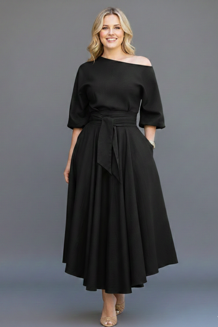 Women's Off Shoulder Midi Dress with Lantern Sleeves – Elegant Long Sleeve Occasion Dress