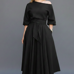 Women's Off Shoulder Midi Dress with Lantern Sleeves – Elegant Long Sleeve Occasion Dress