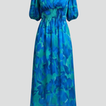 Women's Floral Print Midi Dress with Puff Sleeves & V-Neck – Spring Summer Day Dress