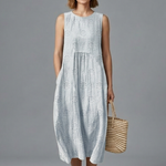 Women's Sleeveless Round Neck Midi Dress with Pockets – Textured Casual Summer Day Dress
