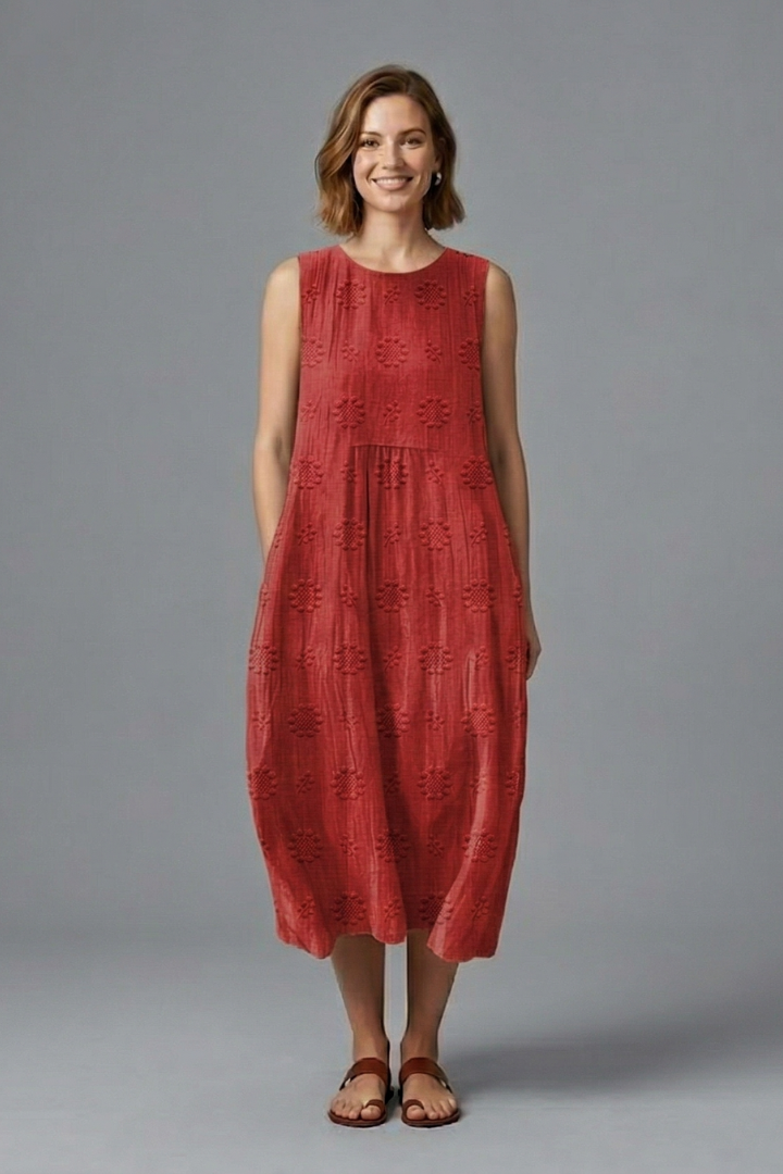 Women's Sleeveless Round Neck Midi Dress with Pockets – Textured Casual Summer Day Dress