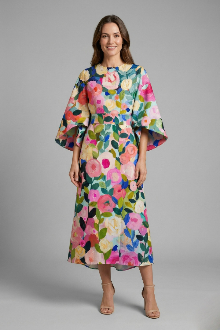 Women's Round Neck Midi Dress with Wide Sleeves – Abstract Print Relaxed Fit Casual Dress