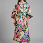 Women's Round Neck Midi Dress with Wide Sleeves – Abstract Print Relaxed Fit Casual Dress