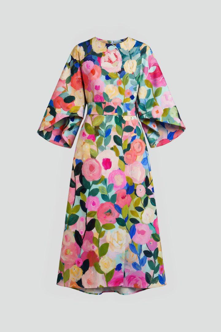 Women's Round Neck Midi Dress with Wide Sleeves – Abstract Print Relaxed Fit Casual Dress