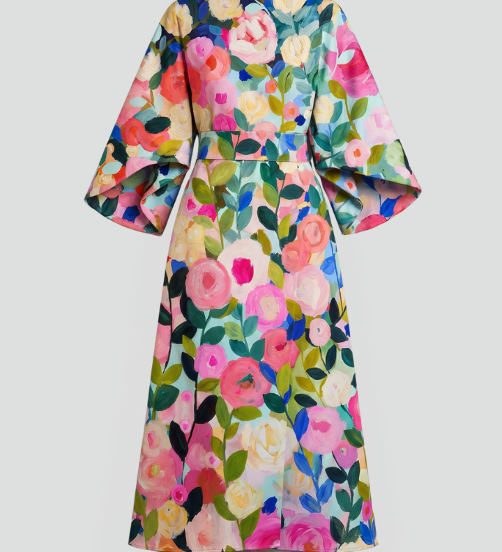 Women's Round Neck Midi Dress with Wide Sleeves – Abstract Print Relaxed Fit Casual Dress