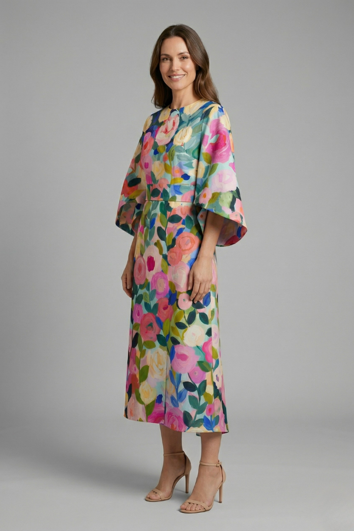 Women's Round Neck Midi Dress with Wide Sleeves – Abstract Print Relaxed Fit Casual Dress