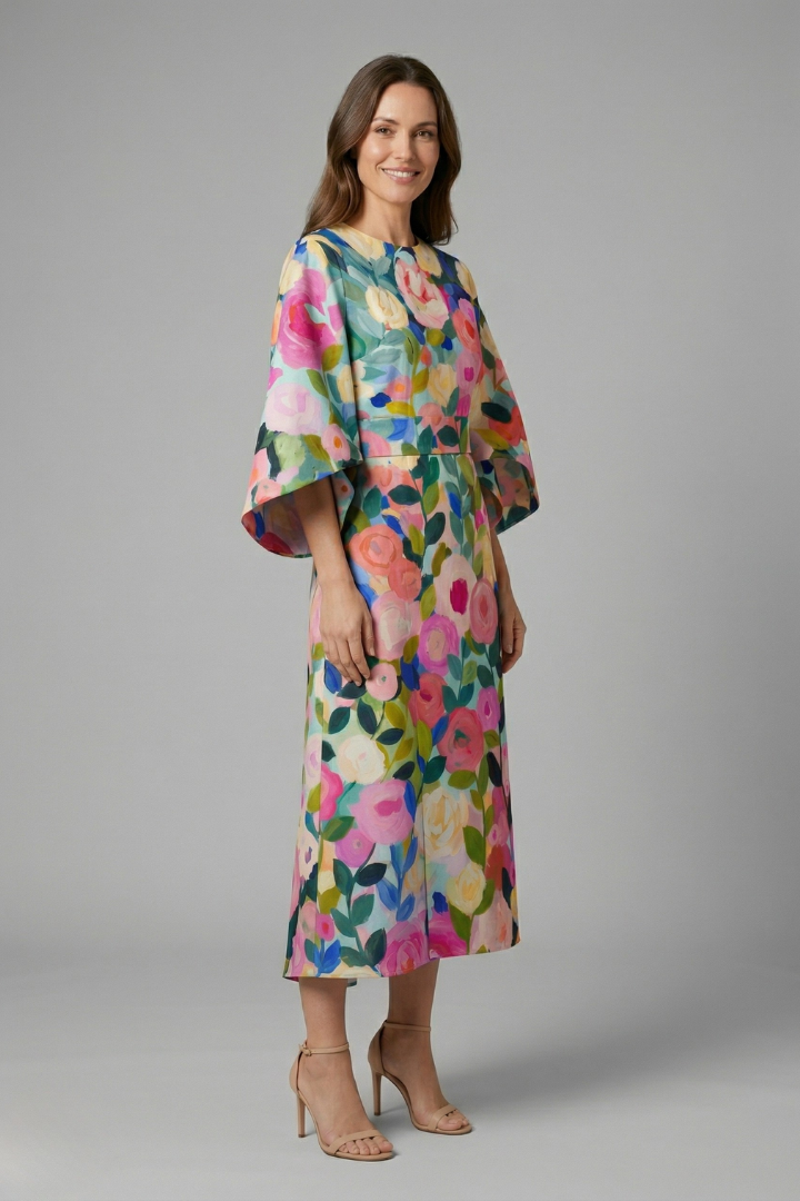 Women's Round Neck Midi Dress with Wide Sleeves – Abstract Print Relaxed Fit Casual Dress