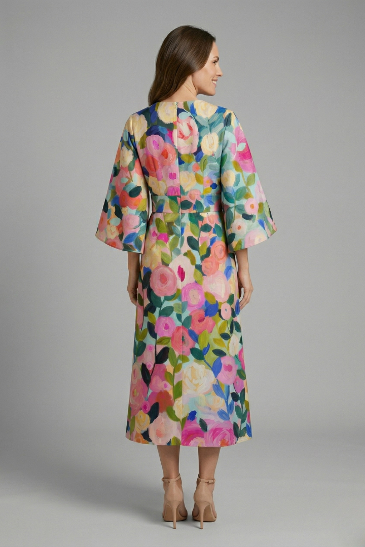 Women's Round Neck Midi Dress with Wide Sleeves – Abstract Print Relaxed Fit Casual Dress