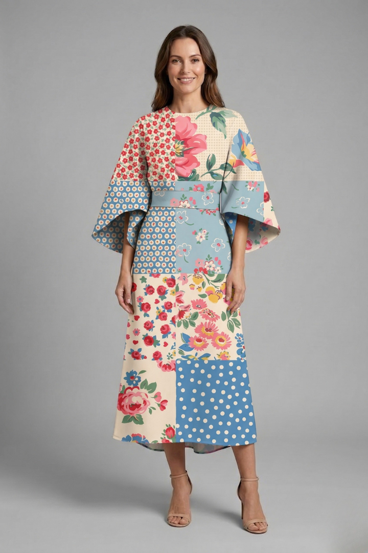 Women's Round Neck Midi Dress with Wide Sleeves – Abstract Print Relaxed Fit Casual Dress