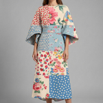 Women's Round Neck Midi Dress with Wide Sleeves – Abstract Print Relaxed Fit Casual Dress