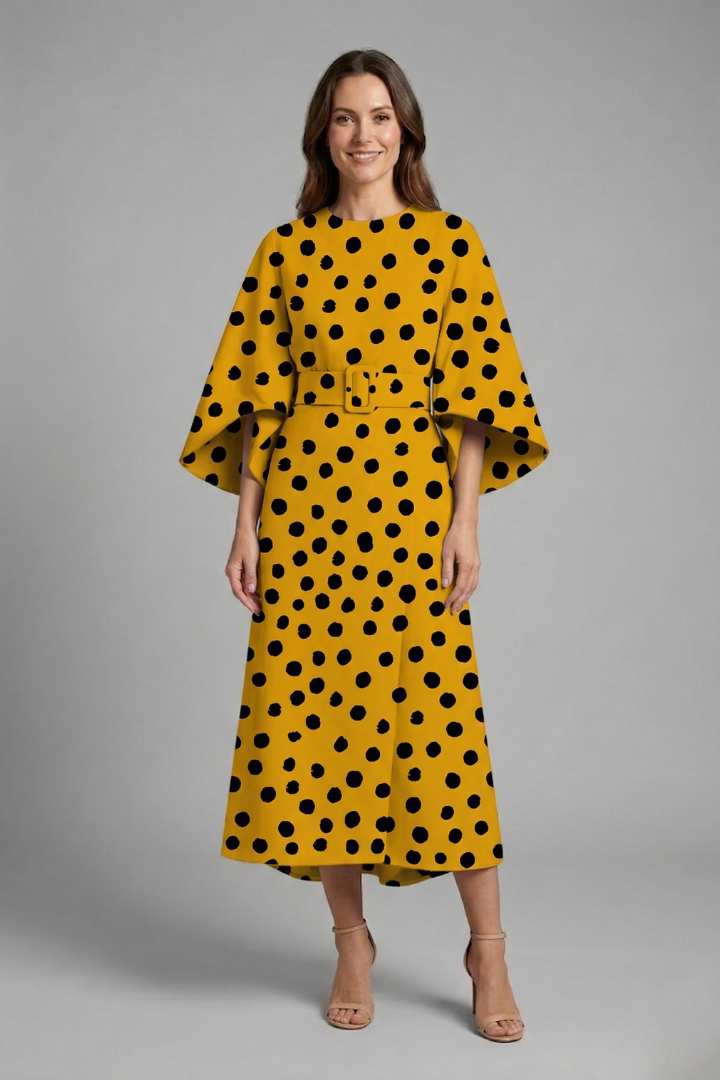 Women's Round Neck Midi Dress with Wide Sleeves – Abstract Print Relaxed Fit Casual Dress