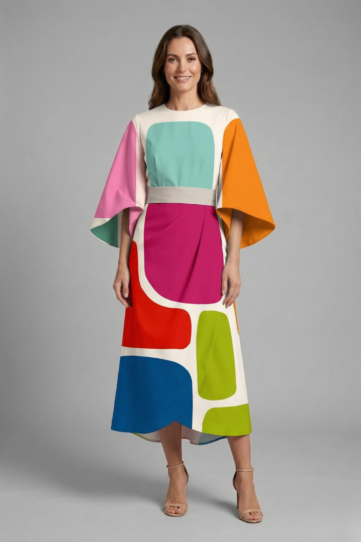 Women's Round Neck Midi Dress with Wide Sleeves – Abstract Print Relaxed Fit Casual Dress
