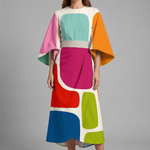 Women's Round Neck Midi Dress with Wide Sleeves – Abstract Print Relaxed Fit Casual Dress